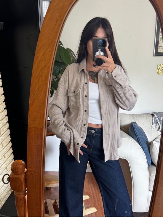 Lazypants Jackets & Blazers - Waffle-Knit Button-Up Shirt in Light Taupe
